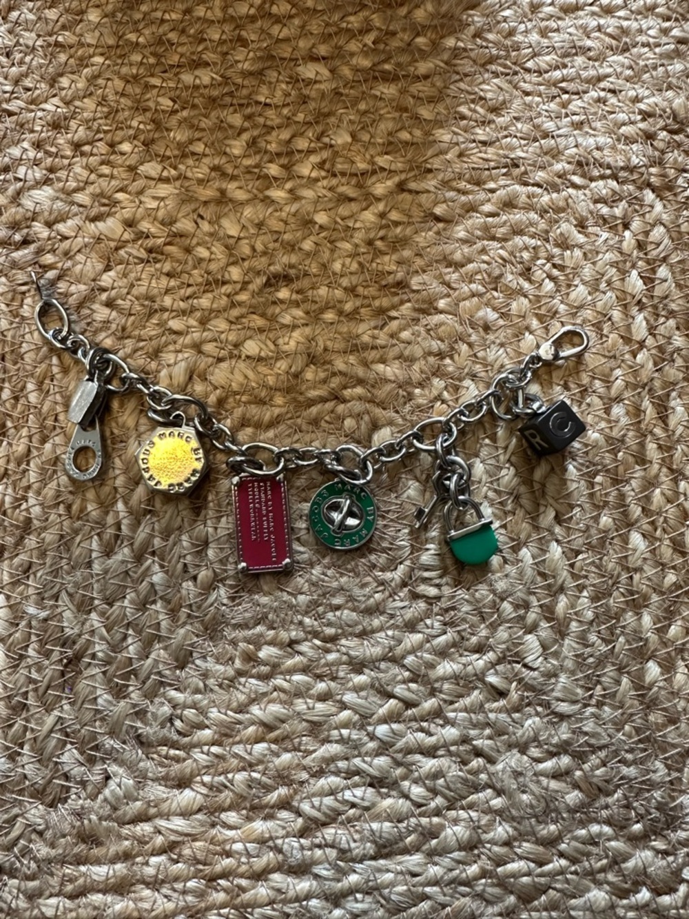 Marc by Marc Jacobs Silver Charm Bracelet with Green and Red Accents